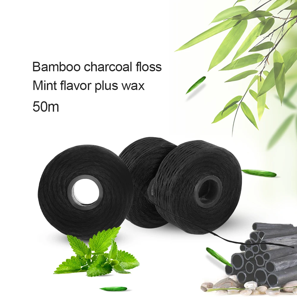Azdent 10 Rolls Tanden Bleken Bamboe Houtskool Ingebouwde Spool Wax Muntsmaak Vervanging Platte Draad Floss 50M/Roll Totaal 500M