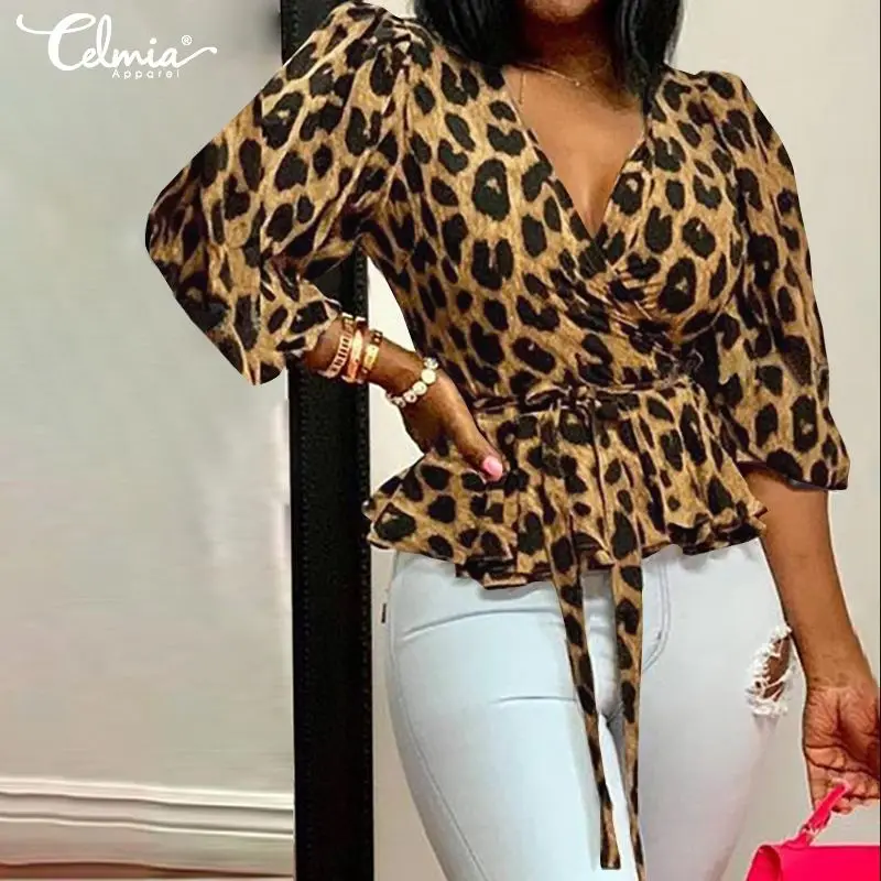 

Top Fashion Celmia Women Sexy Leopard Print Blouse Deep V-Neck Elegant Office Lady Shirt Belted Tunic Ruffles Blusas Femininas