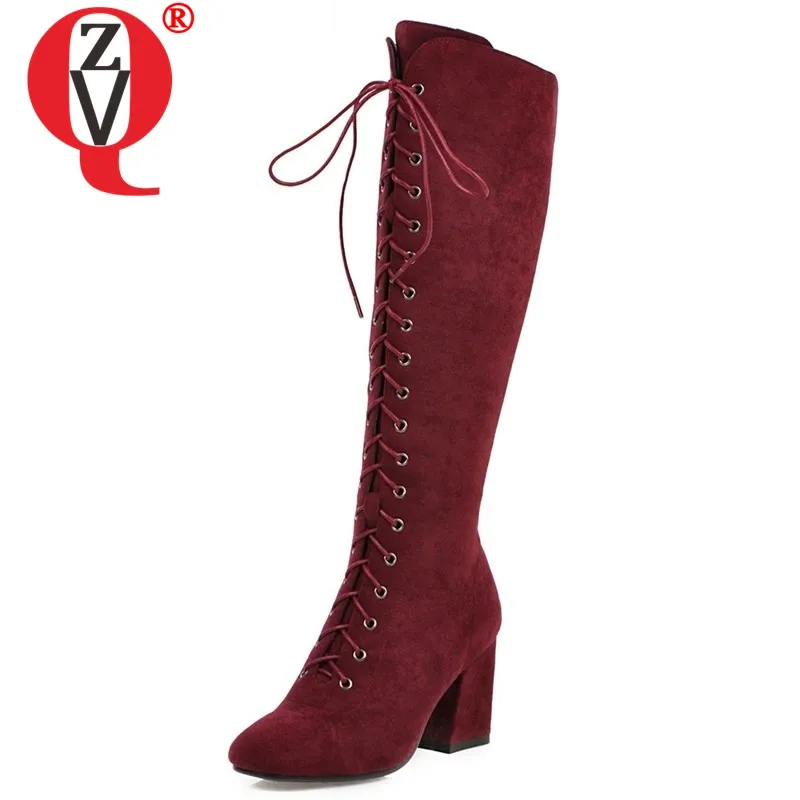 

ZVQ 2019 winter new fashion flock knee high boots outside high heels round toe cross-tied women shoes drop shipping size 33-45