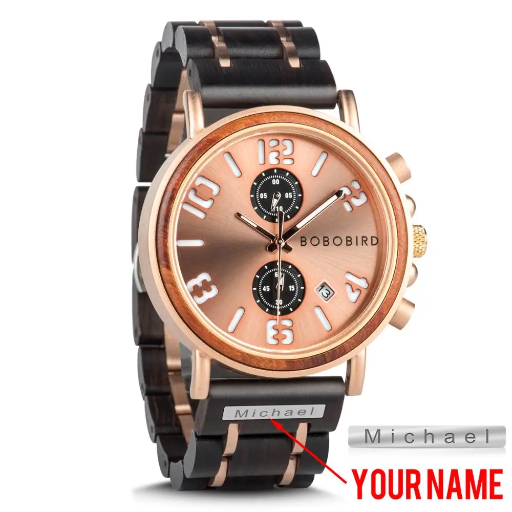 

BOBO BIRD Customized Name Men's Watches Wood Stainless Steel Band Luxury Style Luminous Waterproof Quartz watches reloj hombre