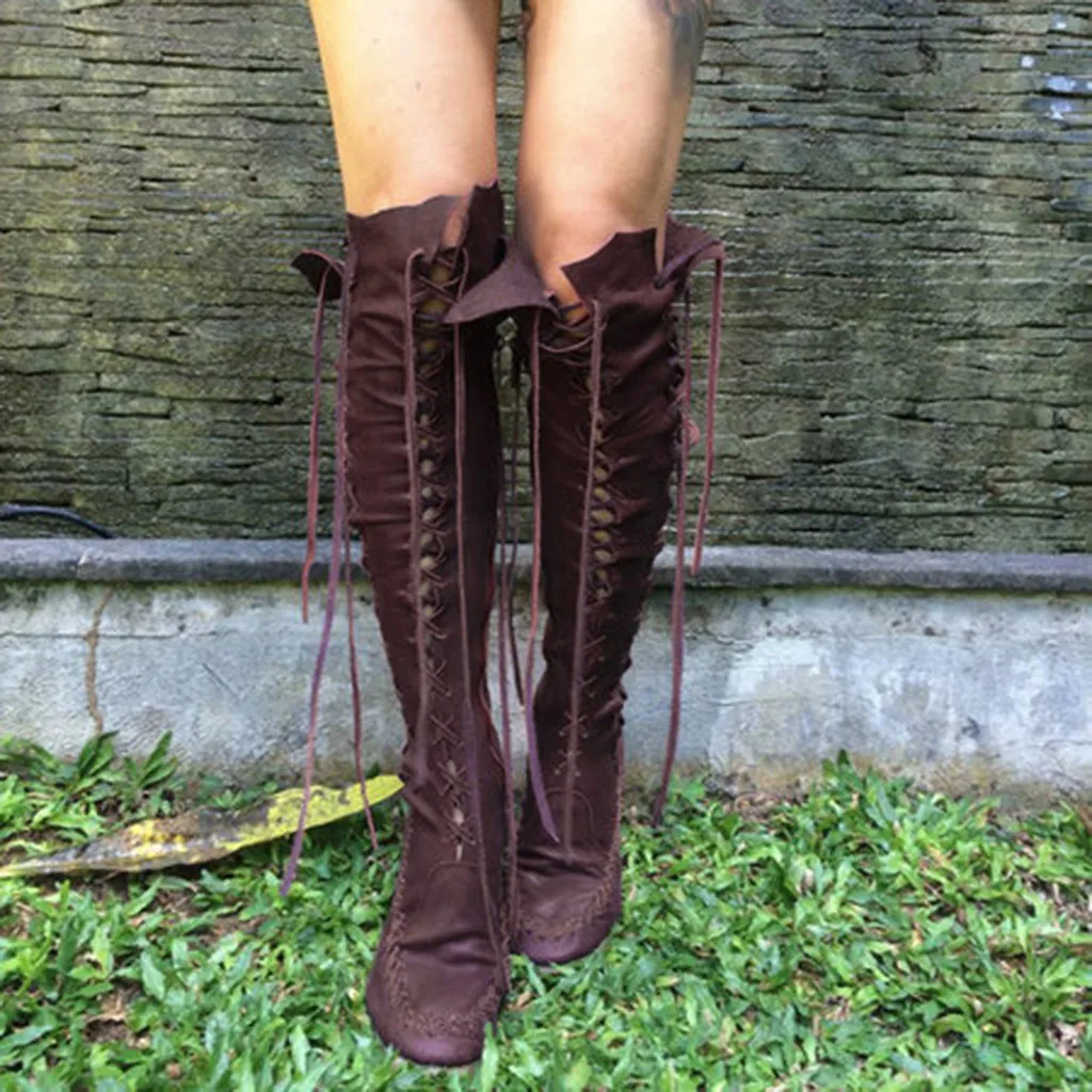 2019 New stencil women's boots straps knights shoes tassels boots flat bottom ladies western high boots for women