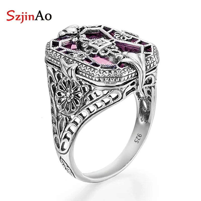

SzjinAo Real 925 Sterling Silver Rings For Women Pink Crystal Ring Gemstones Handmade Fine Jewlery Birthstone Wedding Party Hot