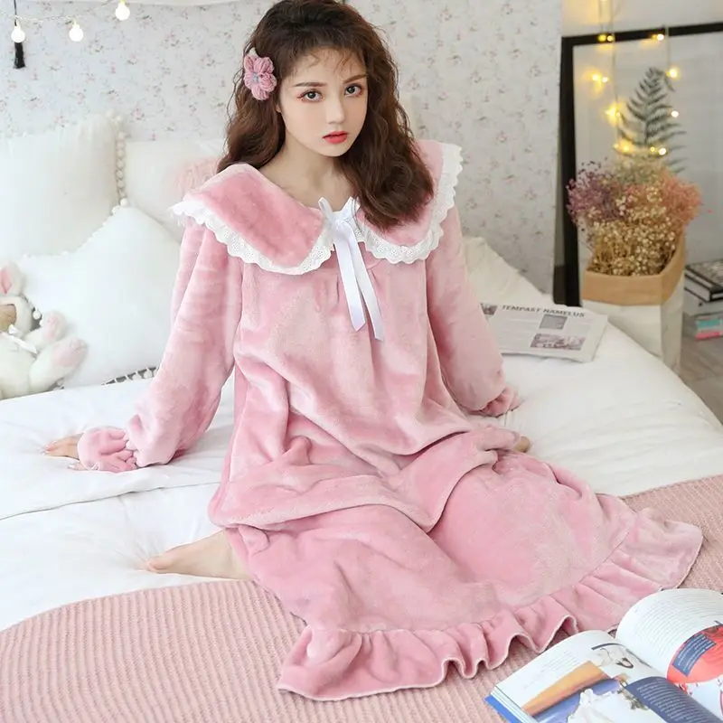 

New 2020 Nightgowns Women Winter Thick Coral Velvet Kawaii Girls Homewear Korean Fashion Femme Sleepshirts Nightdress