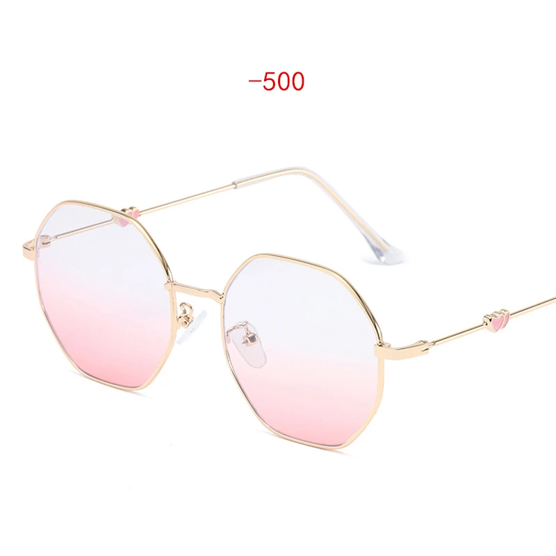 UVLAIK Двойное сердце близорукость очки ретро неправильный многоугольник Рамка Близорукость готовые очки металлические оправы очки для близоруких - Цвет оправы: Gold Pink -500