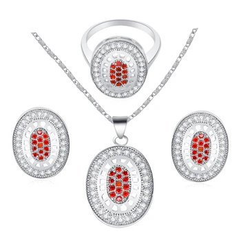 

ROLILASON 2019 new Oval silver plated stamped filled Earring Necklace Fashion Jewelry Set Red Zircon Ring Sz #7 #8 #9 JS550