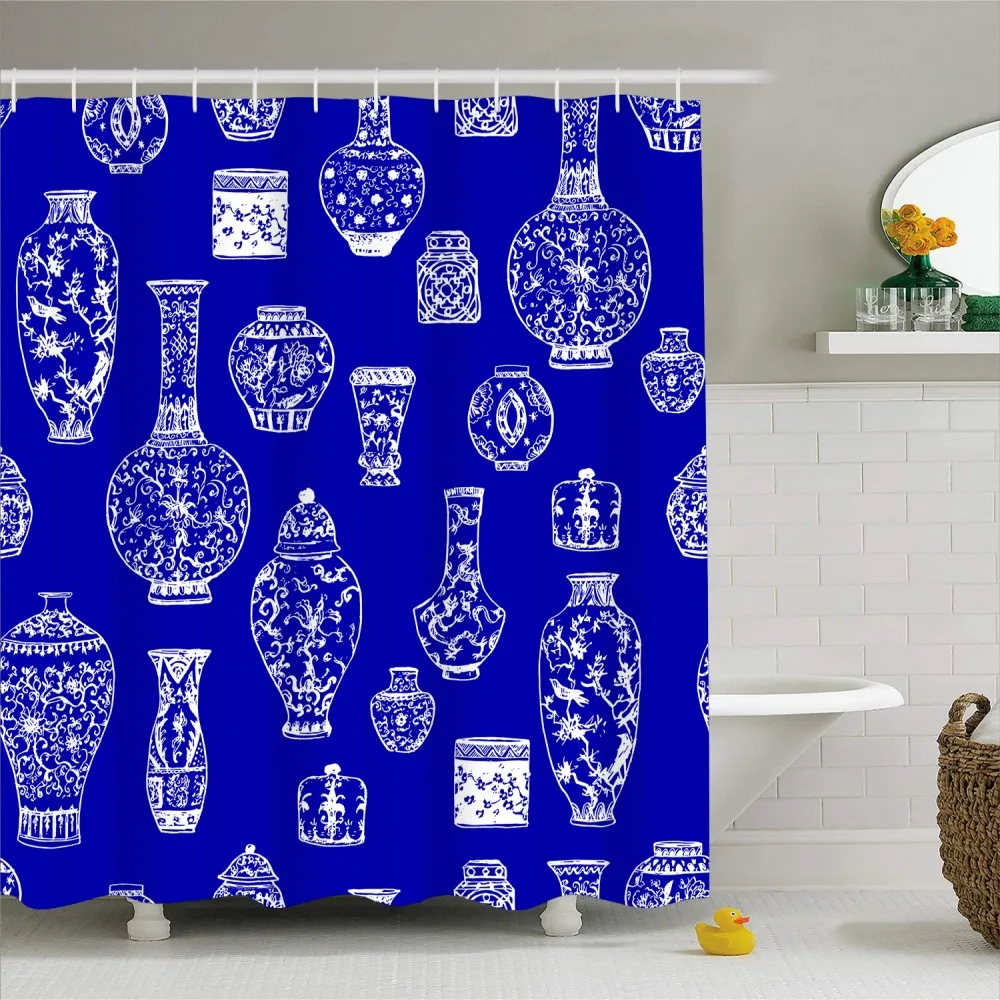 

3D Blue-white Porcelain Patterns Shower Curtain Polyester Durable Waterproof Bath Curtain with Hooks 180x180cm Bathroom Decor
