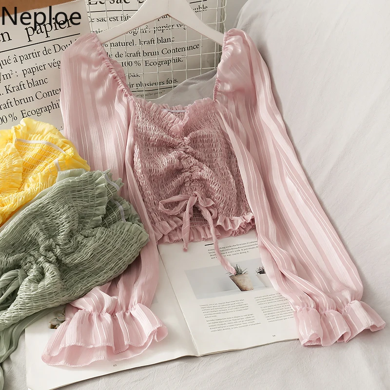 Neploe Pleated Chiffon Blouse Women Solid Slash Neck Flare Sleeve Ladies Blusa Shirts Spring 2021 Fashion Casual Female Tops | Женская