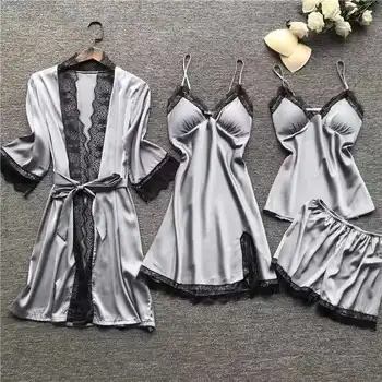 

Satin Sleepwear 4PCS Women Pajama Set Gray Pink Bathrobe Casual Nightwear Comfortable Pijama Satin Nightdress With Chest Pad