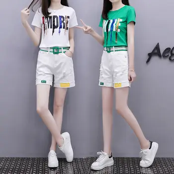 

2020 Summer Cotton Women's Track-suit Clothes Set 2 Piece Sequin Harajuku Letter Tops + White Jeans Shorts Pants Outfit Suit 3XL