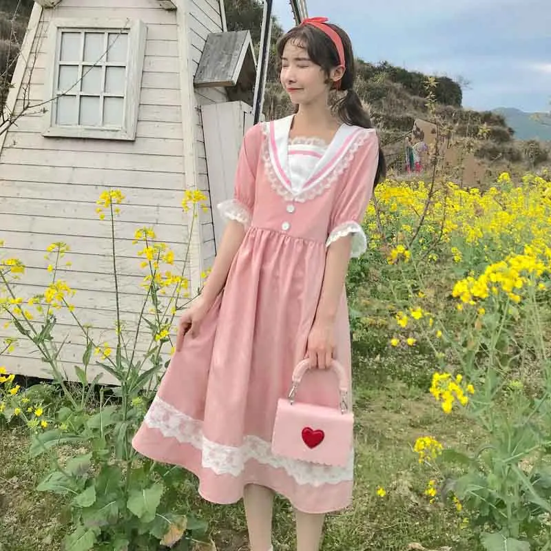

2020 Summer College Lolita Style Dress Sweet Girls Preppy Short Sleeve Woman Dress Cute Sailor Collar Lace Vintage Pink Dresses