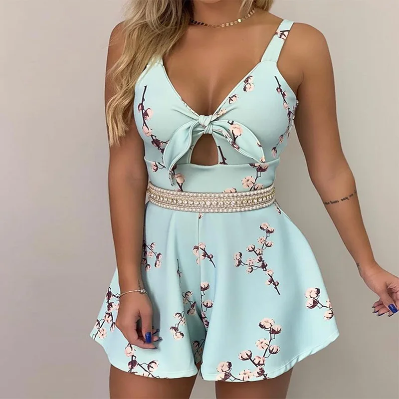 

Floral Print Thin Strap Knotted Detail Rompers Women Summer Sleeveless Jumpsuits One Piece Overall Playsuits