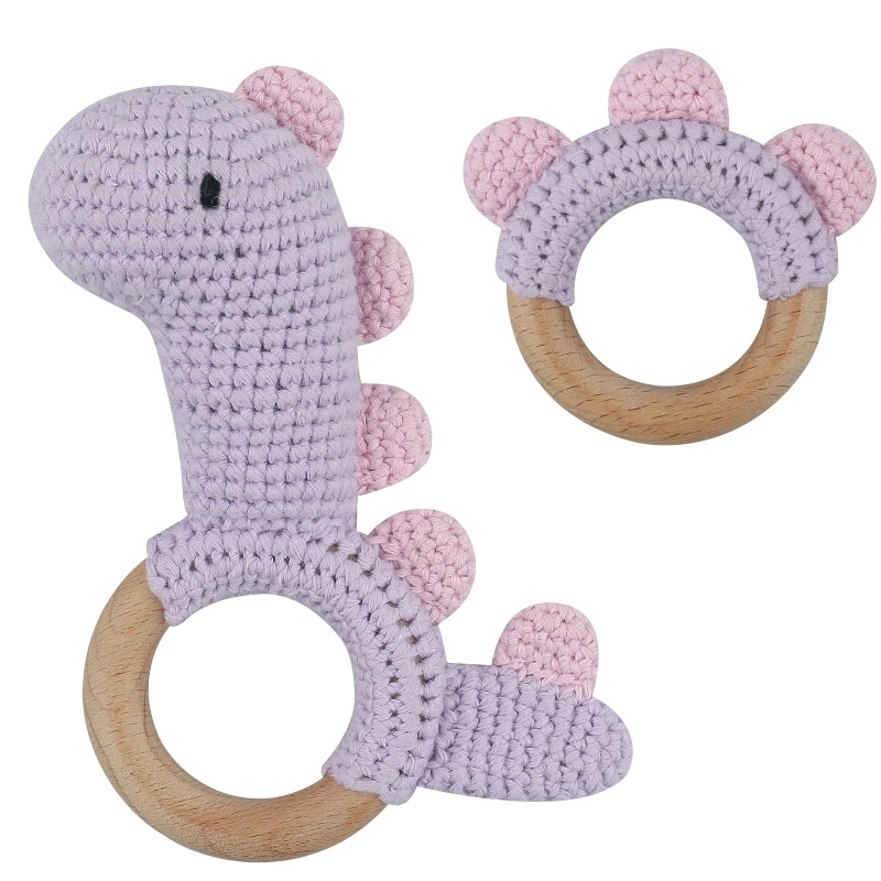 

2Pcs/Set BPA Free Crochet Dinosaur Baby Teether Rattle Safe Beech Wooden Teether Ring Newborn Mobile Gym Educational Toy