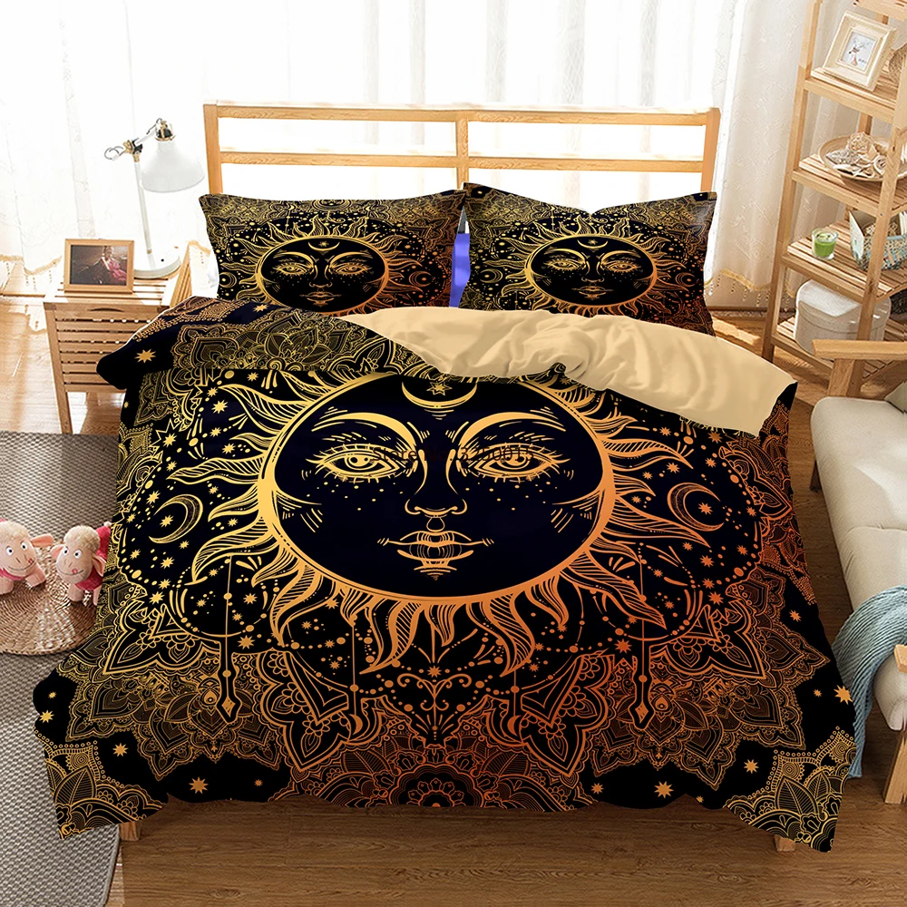 

Sun God Moon Star Bedding Soft Black Retro Pattern Duvet Cover Home Decor Boho Quilt Cover Single Double Bed Set Comforter Shell