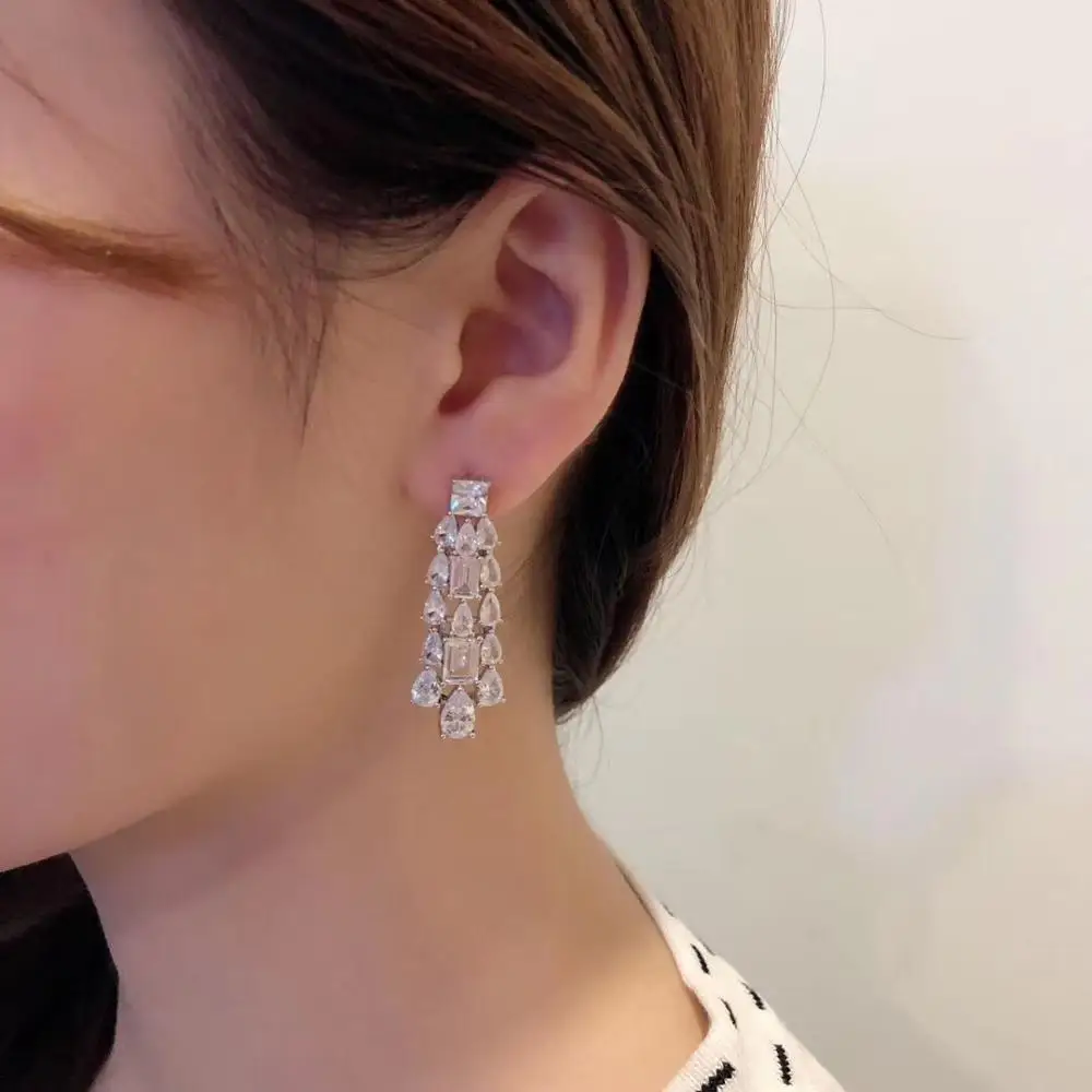 

925 Sterling Silver crystal Quartz teardrop earring gorgeous Christmas geometric square earring Dazzling rectangular earring