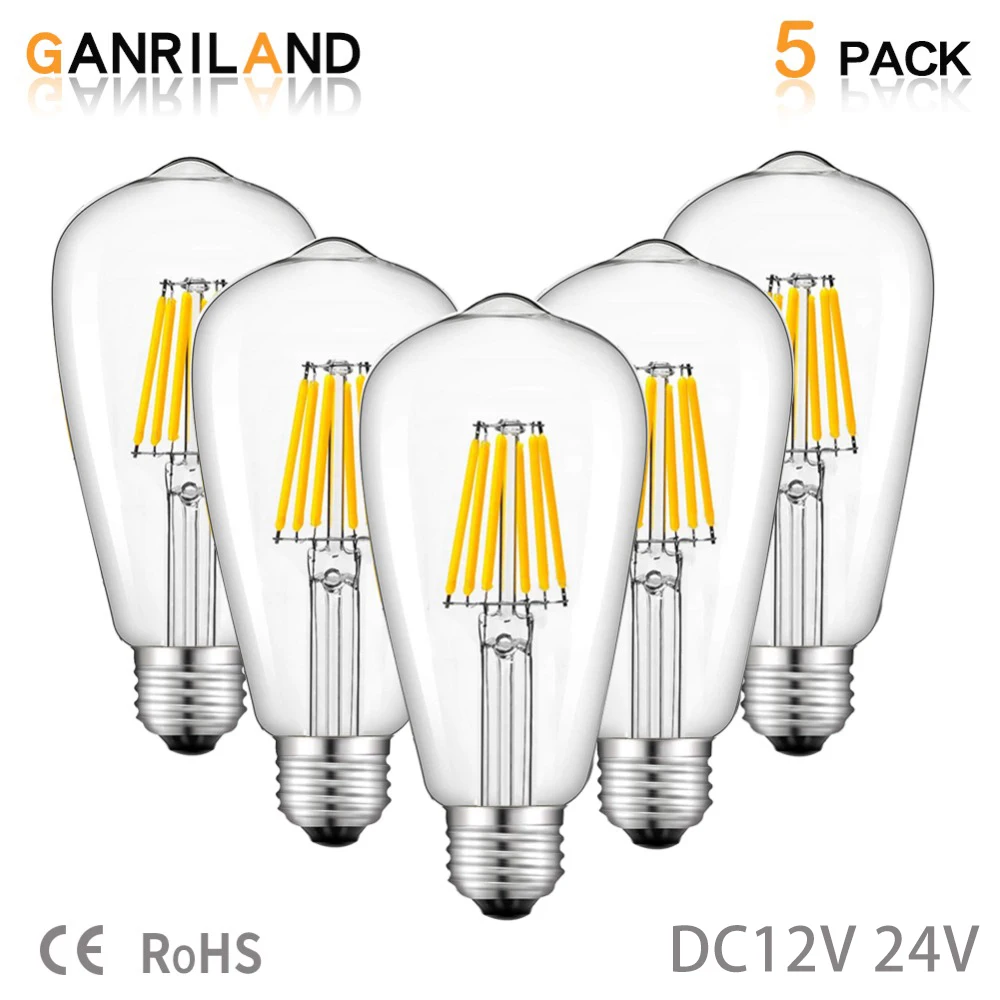 GANRILAND DC12V 24V Led Light Bulb ST58 6W E27 Daylight White 4500K Low