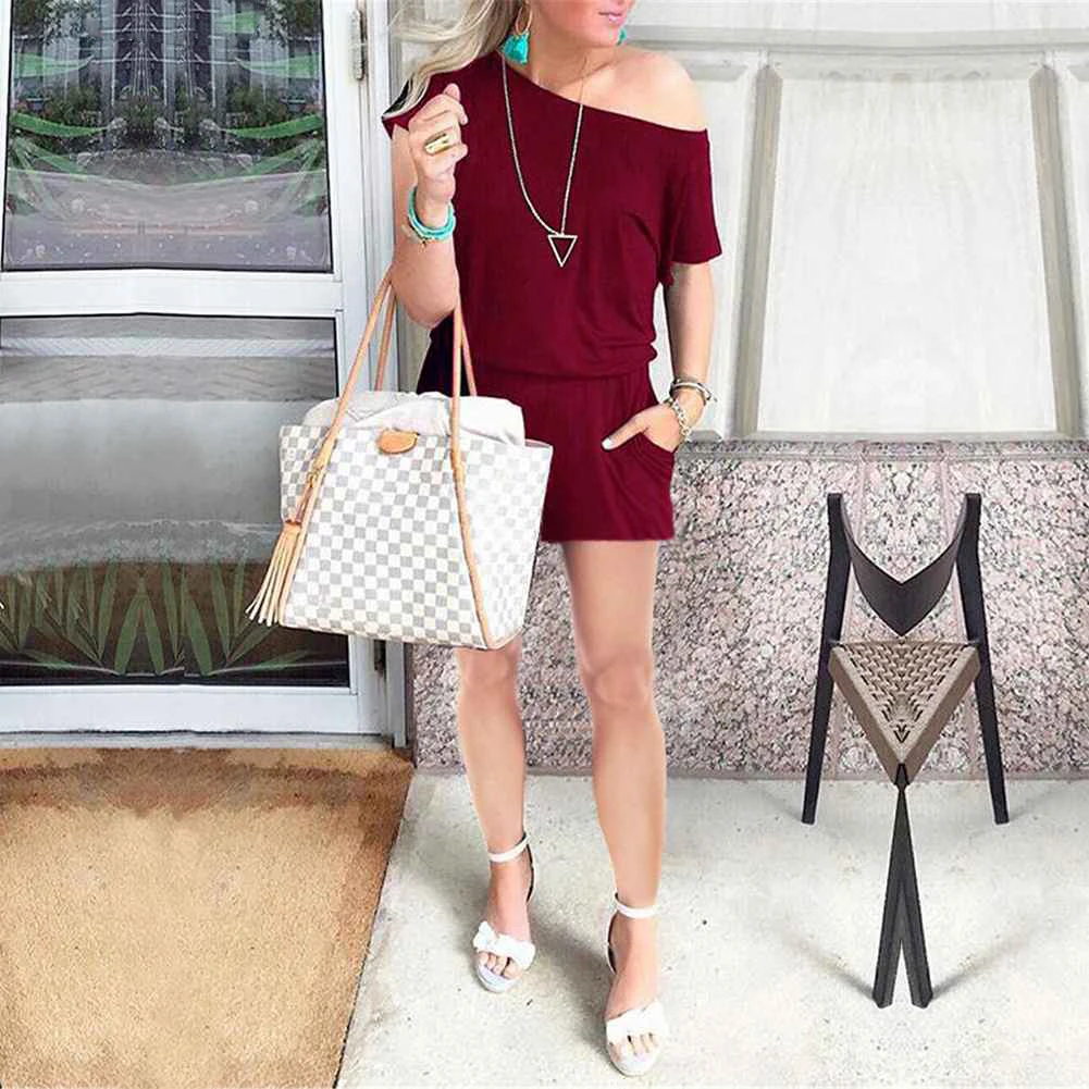 Cotton Solid Casual Short Sleeve Pocket Female Jumpsuit New Arrival Women Summer Fashion Slim Elegant Short Rompers Female