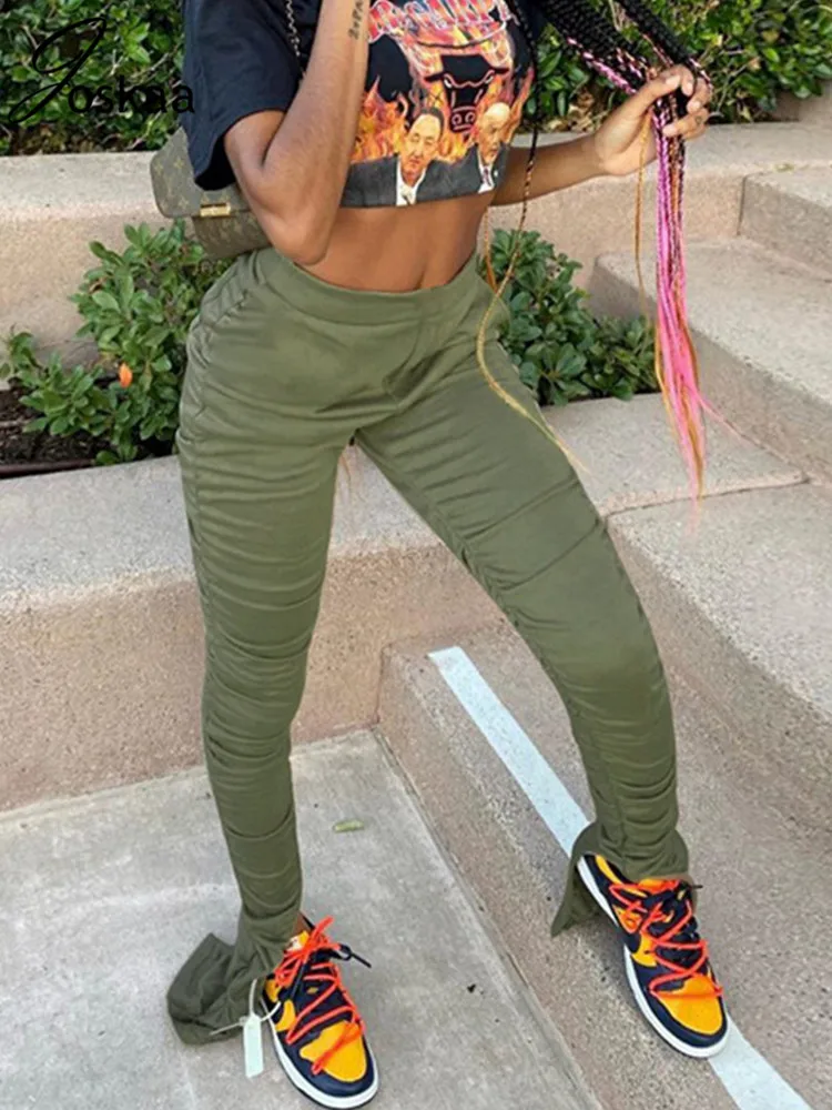 

Joskaa Women Casual Trousers High Waist Elastie Skinny Pleated Flare Pants Winter Solid Streetwear Sweatpants Female Jogger