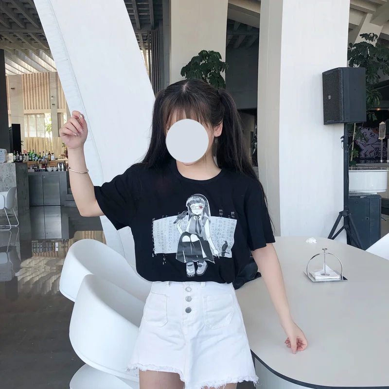 Милая женская футболка с рисунком ворона для девочек Свободная летняя хлопковая толстовка с короткими рукавами Милая Черная футболка для девочек топы японского аниме