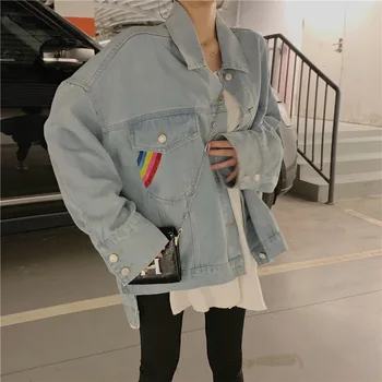 

2020 New Korean Fashion Design, Personalized Rainbow Embroidery Before And After All, Loose And Thin Denim Coat For Women
