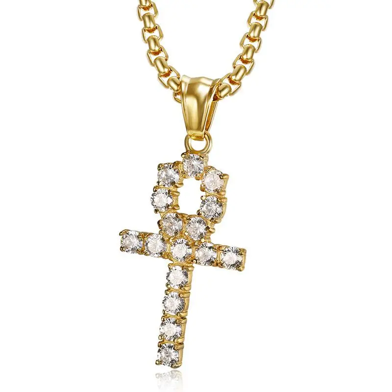 YABINI Stainless Steel Egyptian Enamel Ankh Cross Pendant Necklace for Men Women,24 Chain