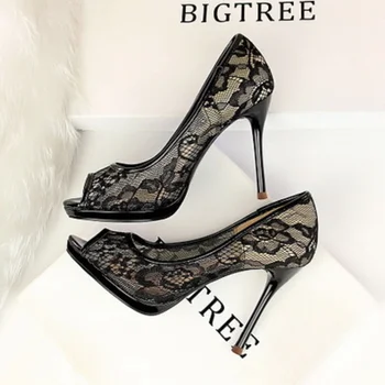

Spring and autumn new ladies high heel sexy mesh openwork lace fish mouth stiletto waterproof platform nightclub women's shoes