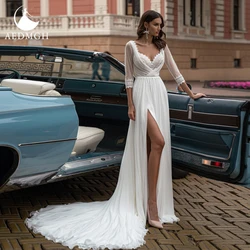 Aedmgh Boho Wedding Dresses 2021 Sweetheart Three Quarter Sleeve Vestido De Novia A-Line Court Train Appliques Robe de mariage