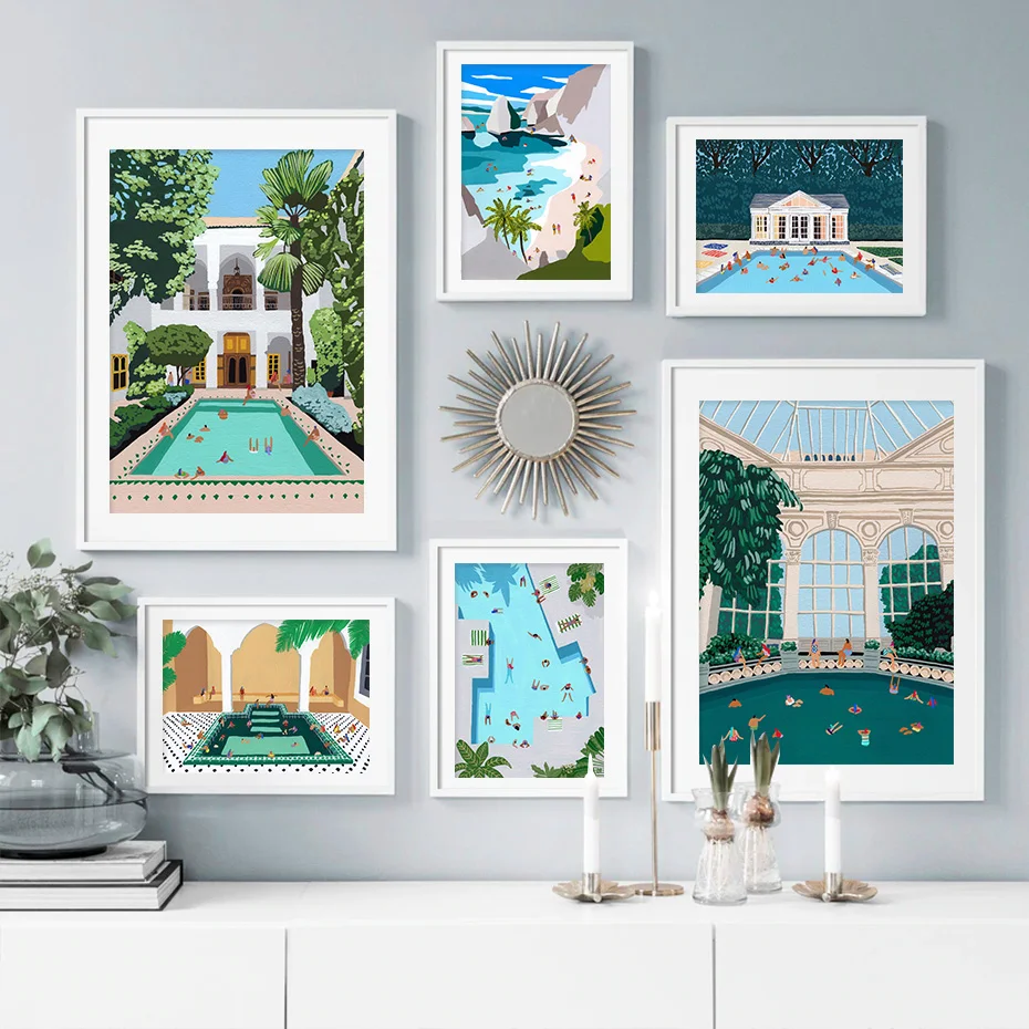 

Cartoon Swimming Pool Summer Seaside Vacation Illustration Canvas Painting Wall Art Poster Prints Picture Living Room Home Decor