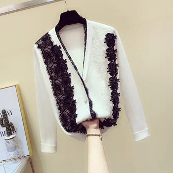

New Women Long Sleeve Knit Cardigan Autumn Winter Loose V-neck Knitting Coat Fashion Lace Hit Color Thin Sweater Basic Sweaters