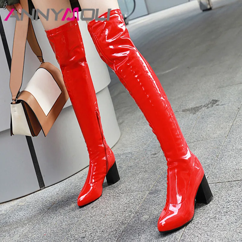 

ANNYMOLI Women Over The Knee Boots Shoes Zipper High Heel Long Boots Pointed Toe Chunky Heels Thigh Boots Lady Winter White 46