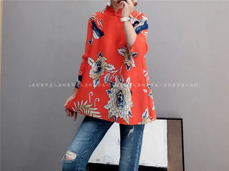 MIYAKE fold новая Ранняя осень ретро Китайский стиль воротник рубашка Большой размер Мода темперамент футболка Женская