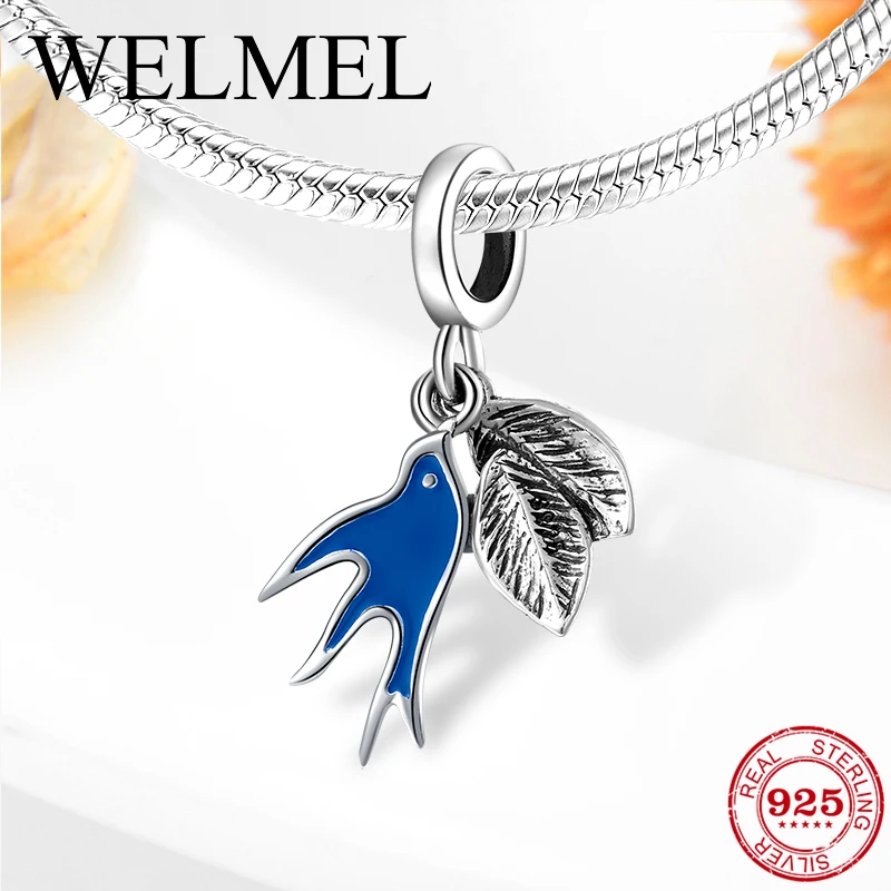 

New Original 925 Sterling Silver Bead Charm Enamel Bird Leaf Pendant Dangle Fit Pandora Bracelet Necklace DIY Women Jewelry