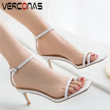 

VERCONAS 2020 Women Lace Up Brand Design Square Toe Buckle Genuine Leather Sandals Basic Shoes Thick Heels Summer Shoes Woman