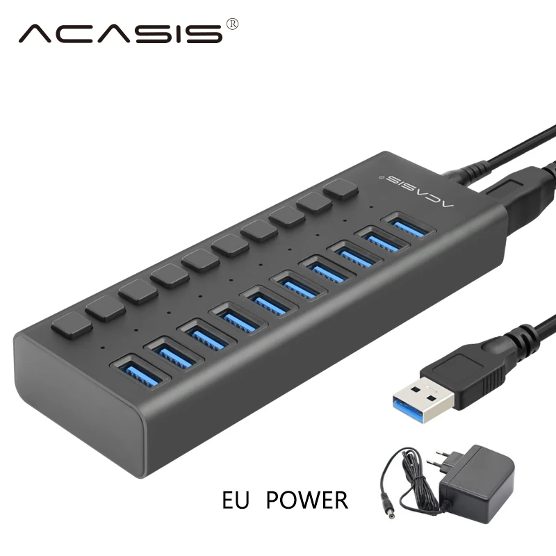 Acasis высокоскоростной сплиттер 5 Гбит/с промышленный USB сплиттер со встроенным автономным адаптером питания для ПК - Цвет: 10 port with EU Plug