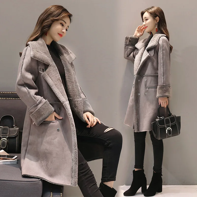 Зимнее замшевое женское длинное пальто из искусственной кожи, утепленная верхняя одежда из овечьей шерсти - Цвет: Серый
