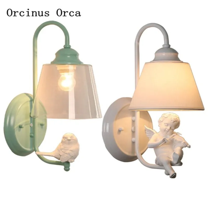 Online Nordic Garten Vogel Wand Lampe wohnzimmer flur schlafzimmer nacht lampe Amerikanischen Kreative weiß kleine engel harz wand lampe