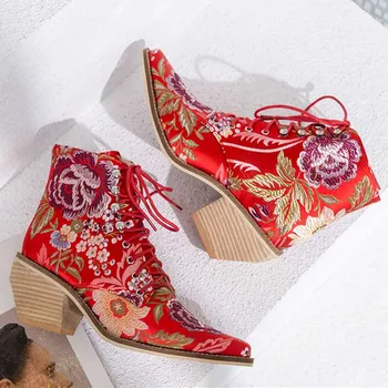 

AGODOR Women Casual Stacked High Heels Embroidery Flower Lace Up Ankle Boots Shoes Ladies Ankle Booties Silk Satin Footwear Boot