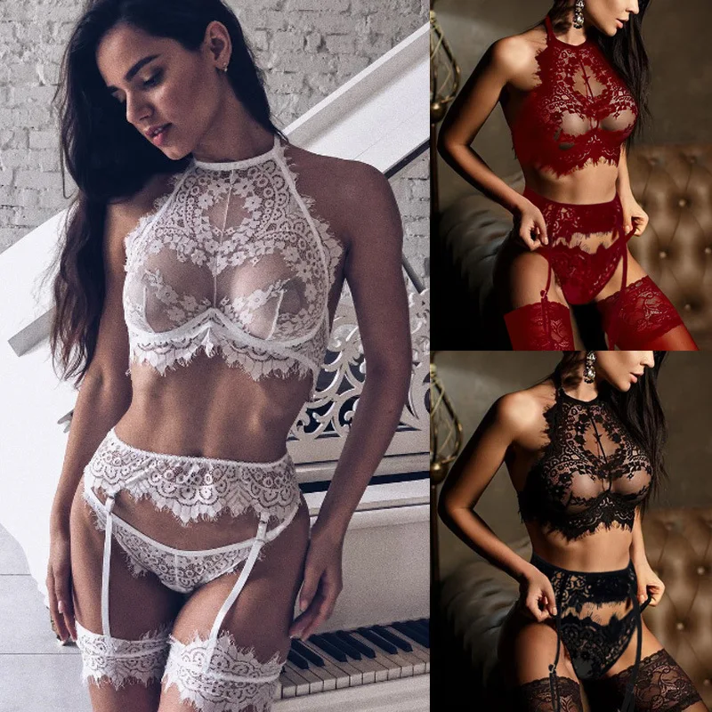 

3 Pcs Sexy Lace Bra and Panty Set Women Garters Push Up Lingerie Bralette Thong Panties G-string Underwear Wire Bra Sets
