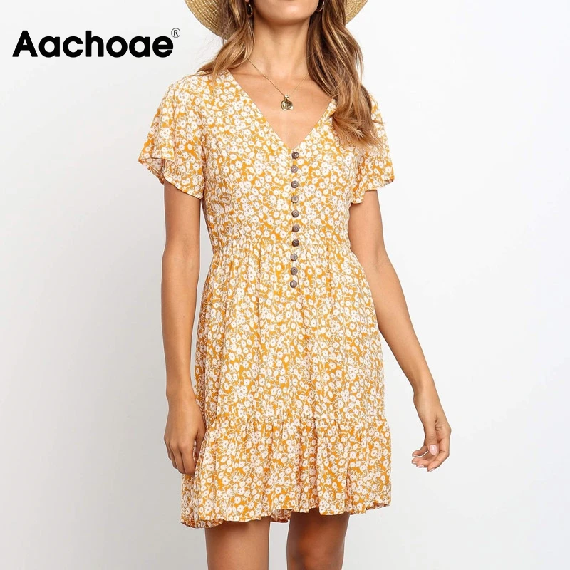 Aachoae Women Casual A Line Dresses 2020 Summer Floral Print V Neck Boho Beach Dress Ladies Short Sleeve Mini Dress Robe Femme Aachoae Women Casual A Line Dresses 2020 Summer Floral Print V Neck Boho Beach Dress Ladies Short Sleeve Mini Dress Robe Femme