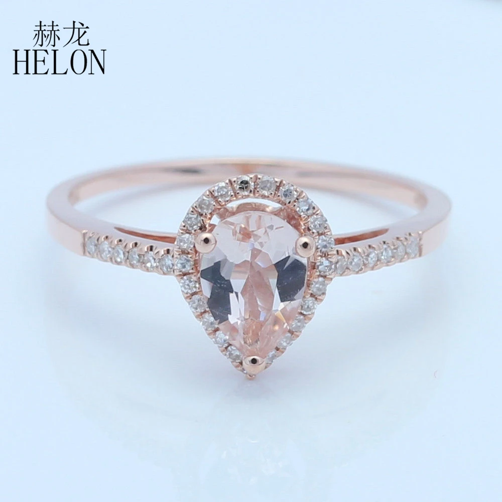 

HELON Solid 14K Rose Gold Flawless Pear 0.8ct Natural Morganite Diamonds Engagement Ring Women Wedding Trendy Fine Jewely Gift