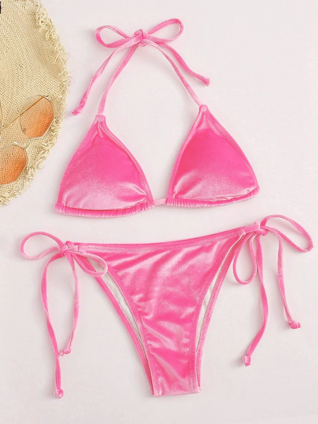 Sexy Velvet Bikini 2023 Mujer Women Solid Pink Push Up Thong