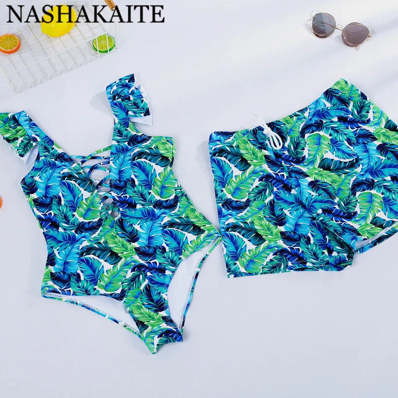 NASHAKAITE парный купальник с листьями кокосовой пальмы женские купальники мужские пляжные шорты с завязками парные наряды