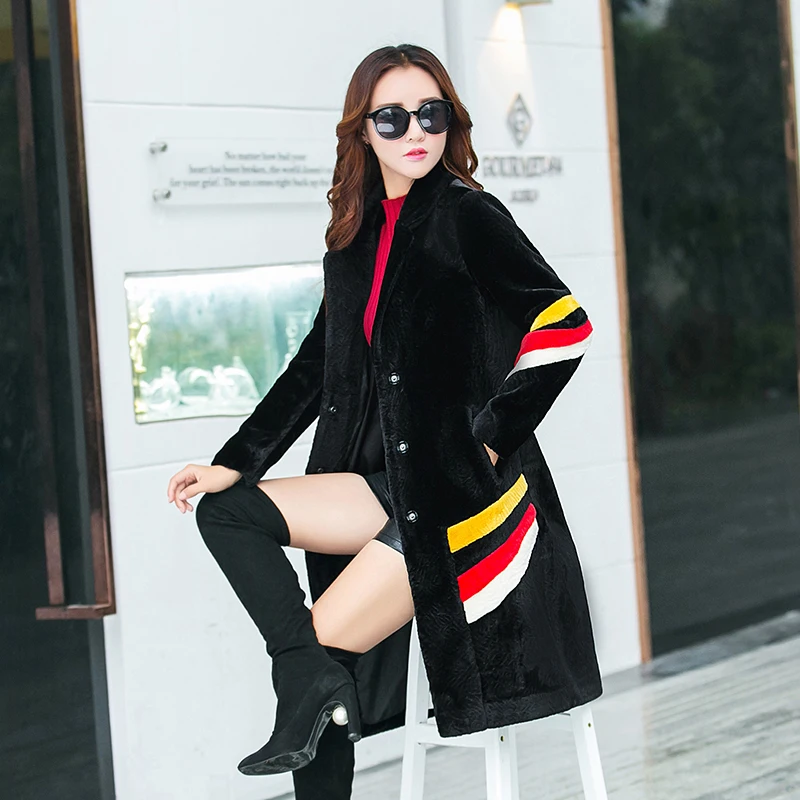 

2019 autumn and winter new sheep fur faux fur coat female long style warm wool fur coats hit color thermal parkas