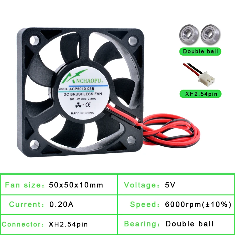 Cooling fan 5cm 50mm fan 50x50x10mm DC5V 12V 24V 2pin Cooling fan suitable for micro-chassis router inverter power supply charger ACP5010