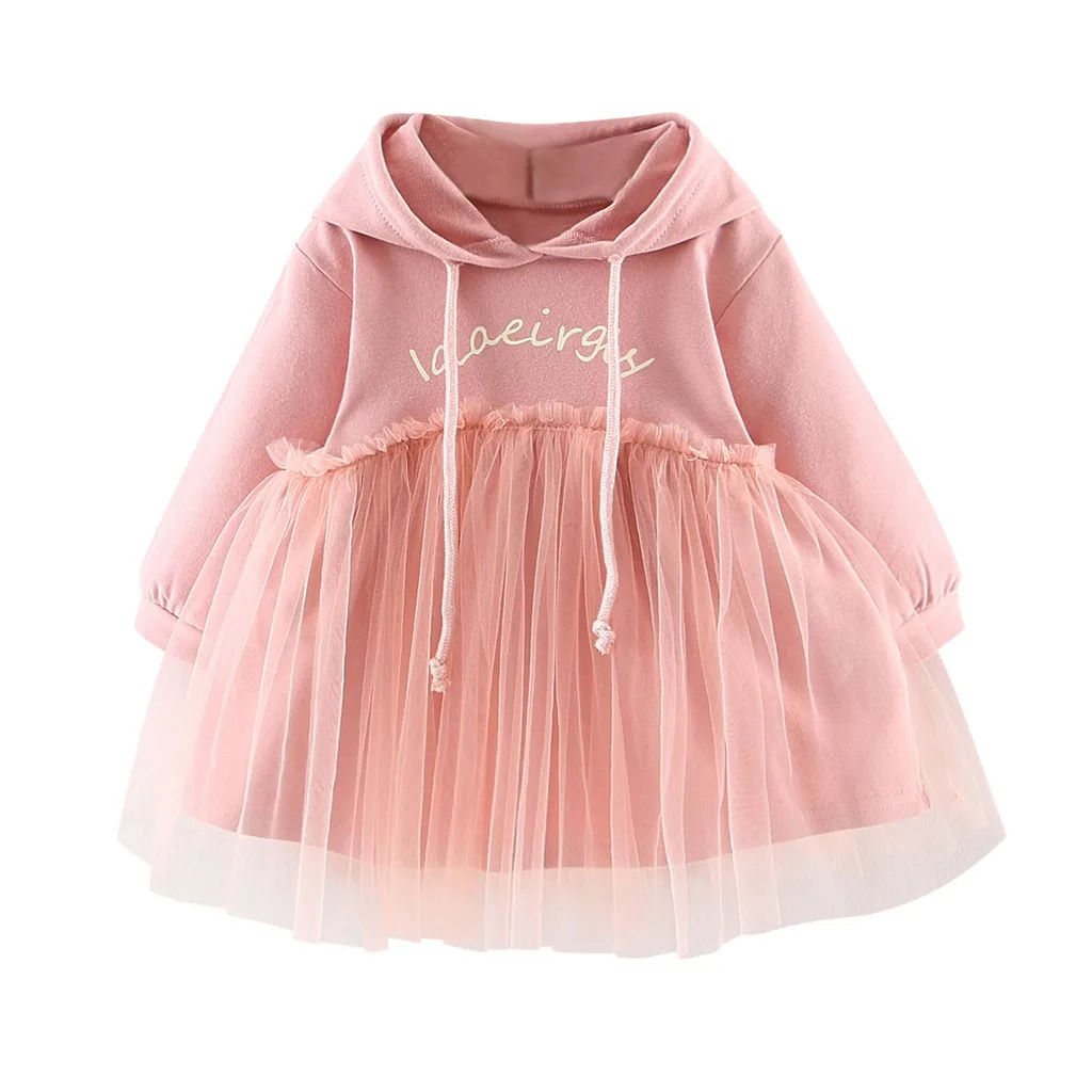 Коллекция года, осенне-зимняя одежда для маленьких девочек, с рюшами, с буквенным принтом, из тюля, в стиле пэчворк, с капюшоном, с капюшоном, платье, на осень и зиму - Цвет: Pink