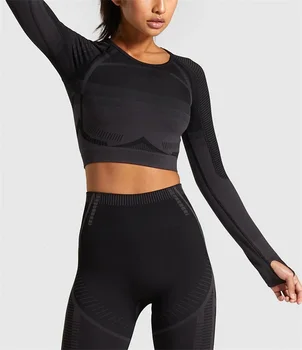 

2PCS Seamless Gym Set Women Fitness Clothing Workout Pant Sportswear Long Sleeve Crop Top Shirts Gym Leggings Sports Suits