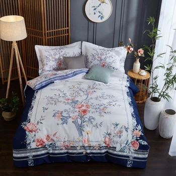 

Chic Peacock Floral Duvet Cover Blue White Bird and Tree Branches100%Cotton Soft Breathable Bedding set Queen King size 4Pcs
