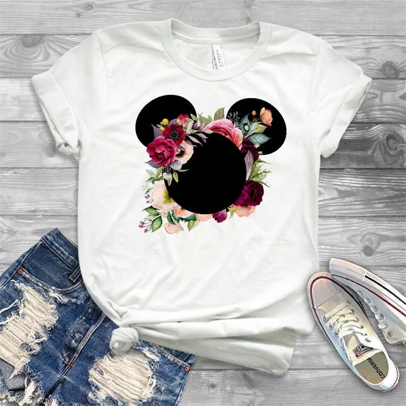 Harajuku Minnie/женская футболка с милыми ушками мышки, футболки для девочек, хипстерская одинаковая футболка, милая розовая рубашка с цветочным принтом для женщин - Цвет: 891