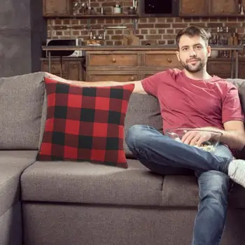 

Red Black Zipper Pillow Cover Checks Cotton Cushion Pad Case for Office Home Car Close Knitting and Meticulous Weaving