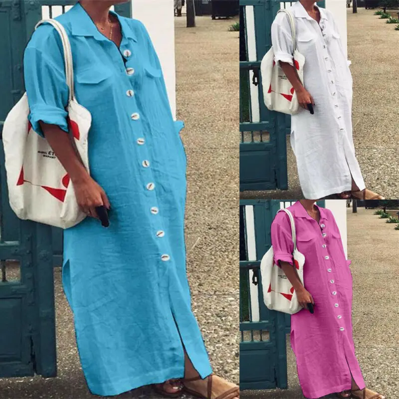 

BOHO Women Long Sleeve Casual V Neck Midi Dress Loose Oversize Front Button Shirt Dress New