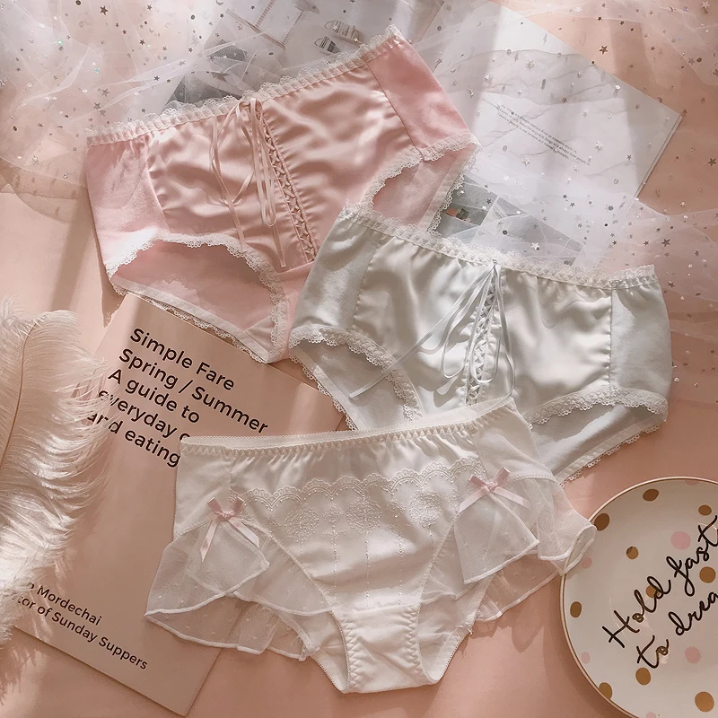3 шт., японские милые Лолиты для девочек, Kawaii Nets, пряжа с бантом, кружевные трусы принцессы с рюшами, Трусы средней длины, маленькое сказочное нижнее белье, трусы